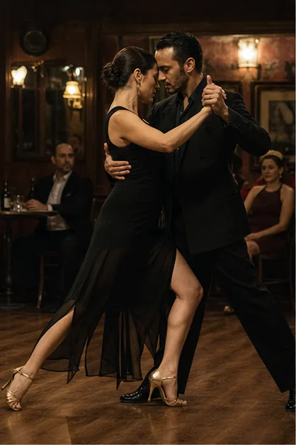 Pareja bailando tango en una milonga